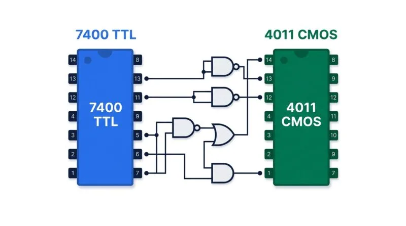 Hero illustration showing a 7400 TTL chip and a 4000 CMOS chip with Boolean logic gates between them