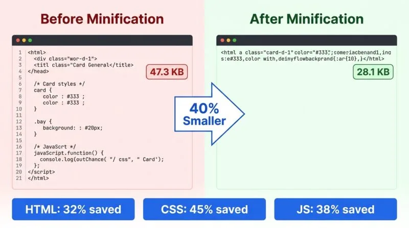 Code minifier size comparison showing HTML CSS JS file size before and after minification with percentage reduction stats