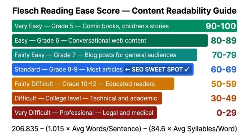 Flesch reading ease score chart showing grade levels from very easy 90 plus to very difficult below 30 with SEO content writing targets