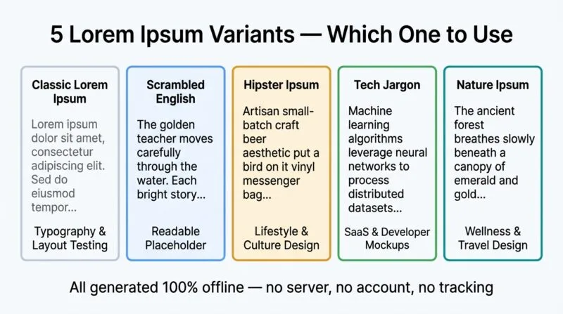 Lorem ipsum variants comparison showing Classic Latin Scrambled English Hipster Tech Jargon and Nature Ipsum placeholder text examples side by side