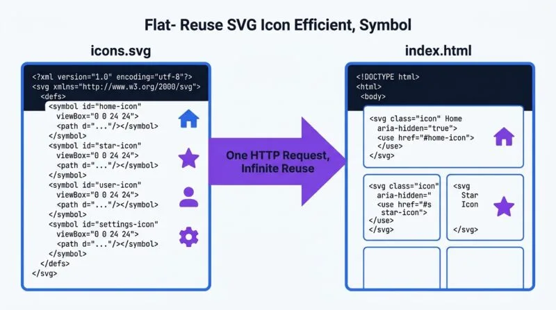 SVG sprite sheet diagram showing symbol elements and use references for icon systems