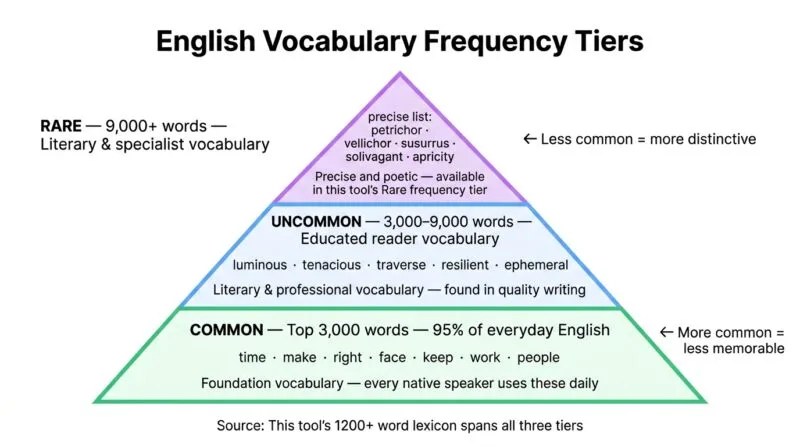 English word frequency tier visualization showing Common Uncommon and Rare vocabulary bands with example words and usage contexts