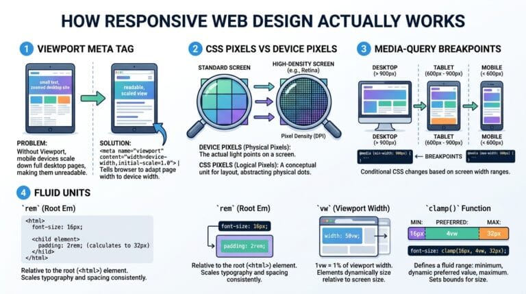 How Responsive Web Design Works: Viewports, Breakpoints & Fluid Layouts