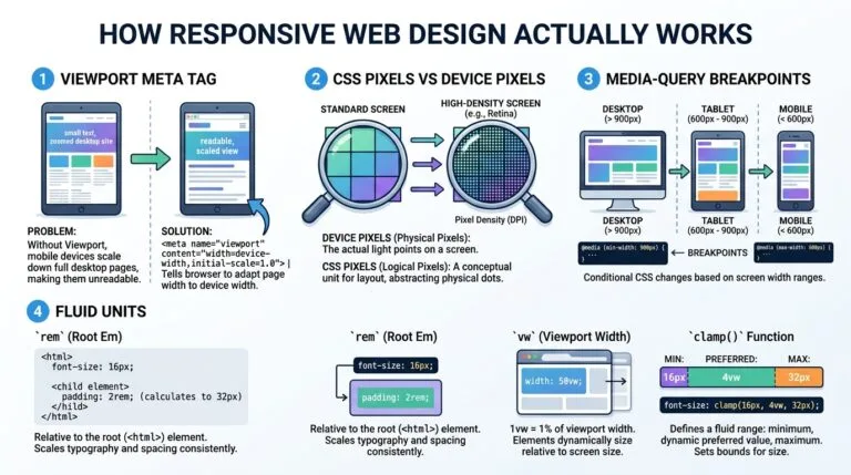 How Responsive Web Design Works: Viewports, Breakpoints & Fluid Layouts