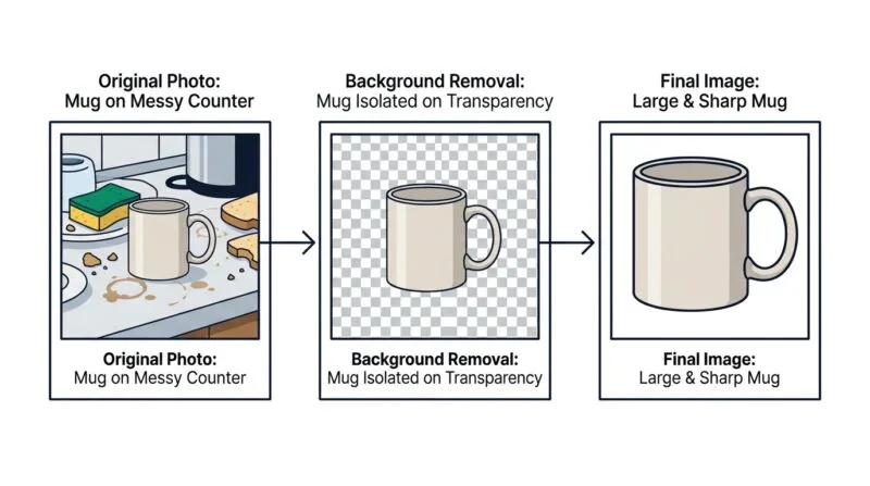 Three-step photo workflow: remove background, erase object, upscale